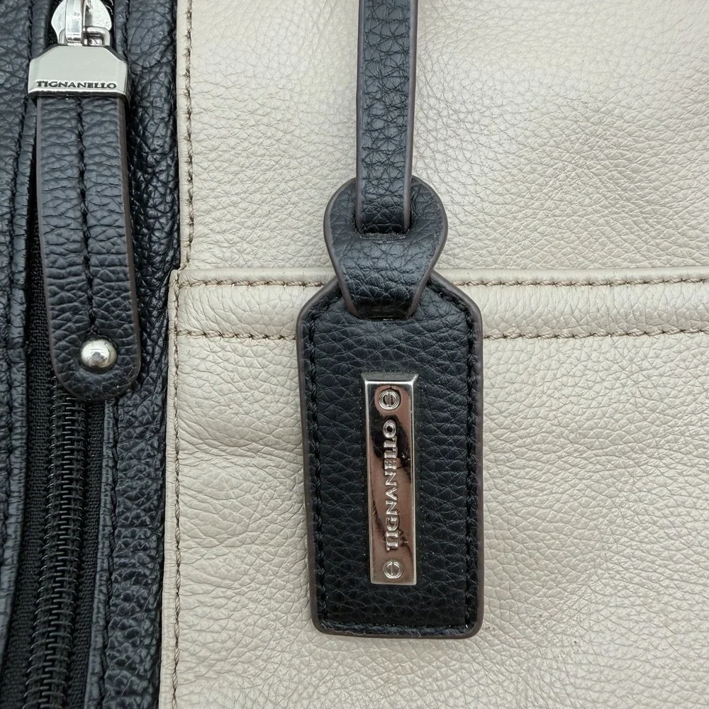 Tignanello Perfect Pockets Tote Colorblock Pebbled Leather Taupe/Black Y2K Style